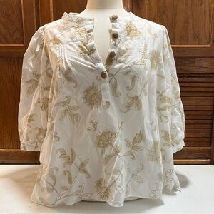 Floral Embroidered Women's Top - White and Tan